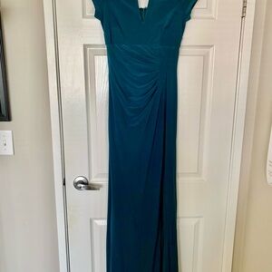 Green and Blue Asymmetrical Ruched Maxi Gown